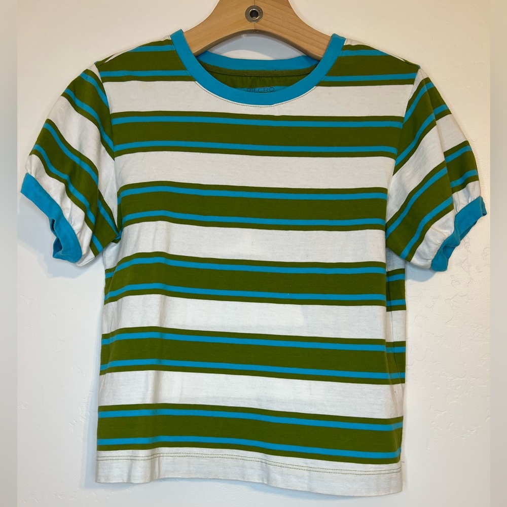 Pilcro by Anthropologie White, Green & Blue Striped Short-Sleeve Tee